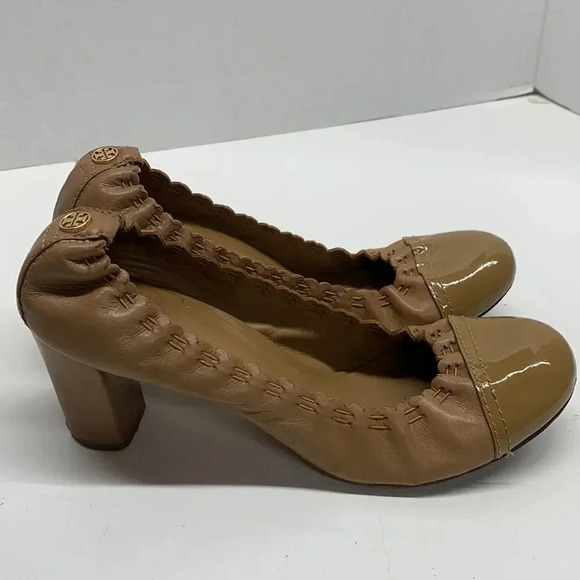 Tory Burch Romy High Heels Shoes Patent Leather Cap Toe Scrunched Brown Tan 7.5 - Picture 6 of 13